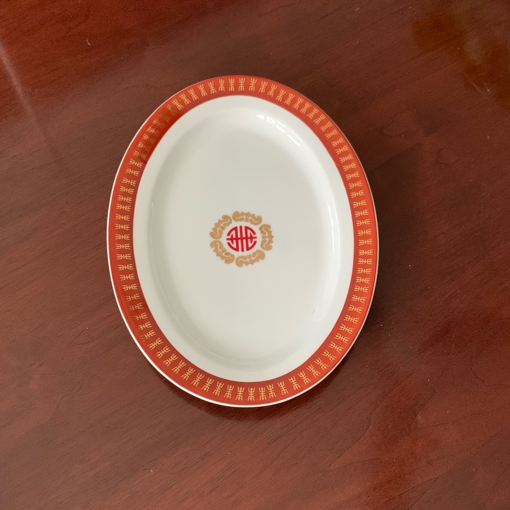 Vintage Datang Tatung Red & Gold Oval Platter 1960s Taiwan Retro Style